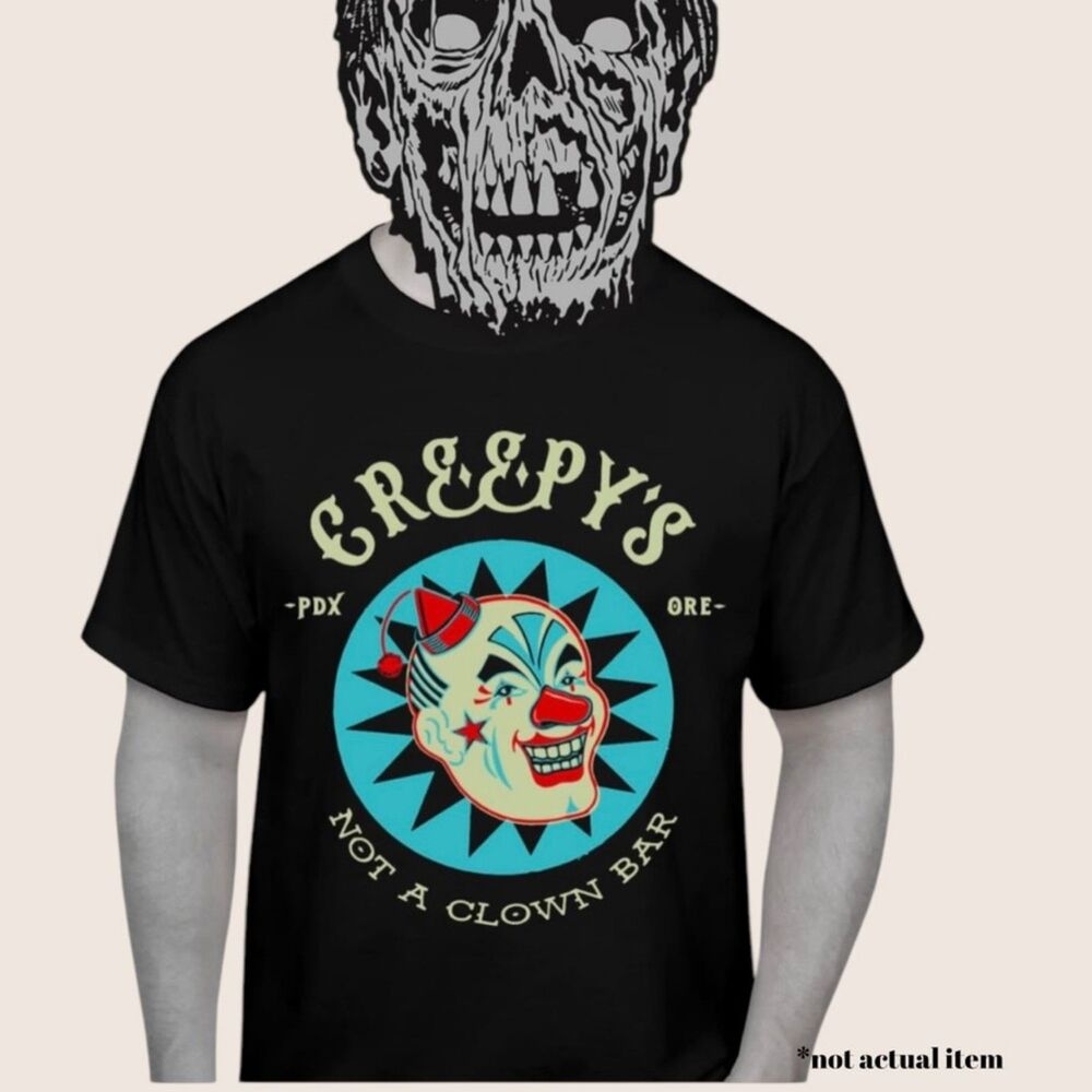 🤡 CREEPYS NOT A CLOWN BAR PORTLAND OREGON PDX MERCH T-SHIRT BLACK LARGE